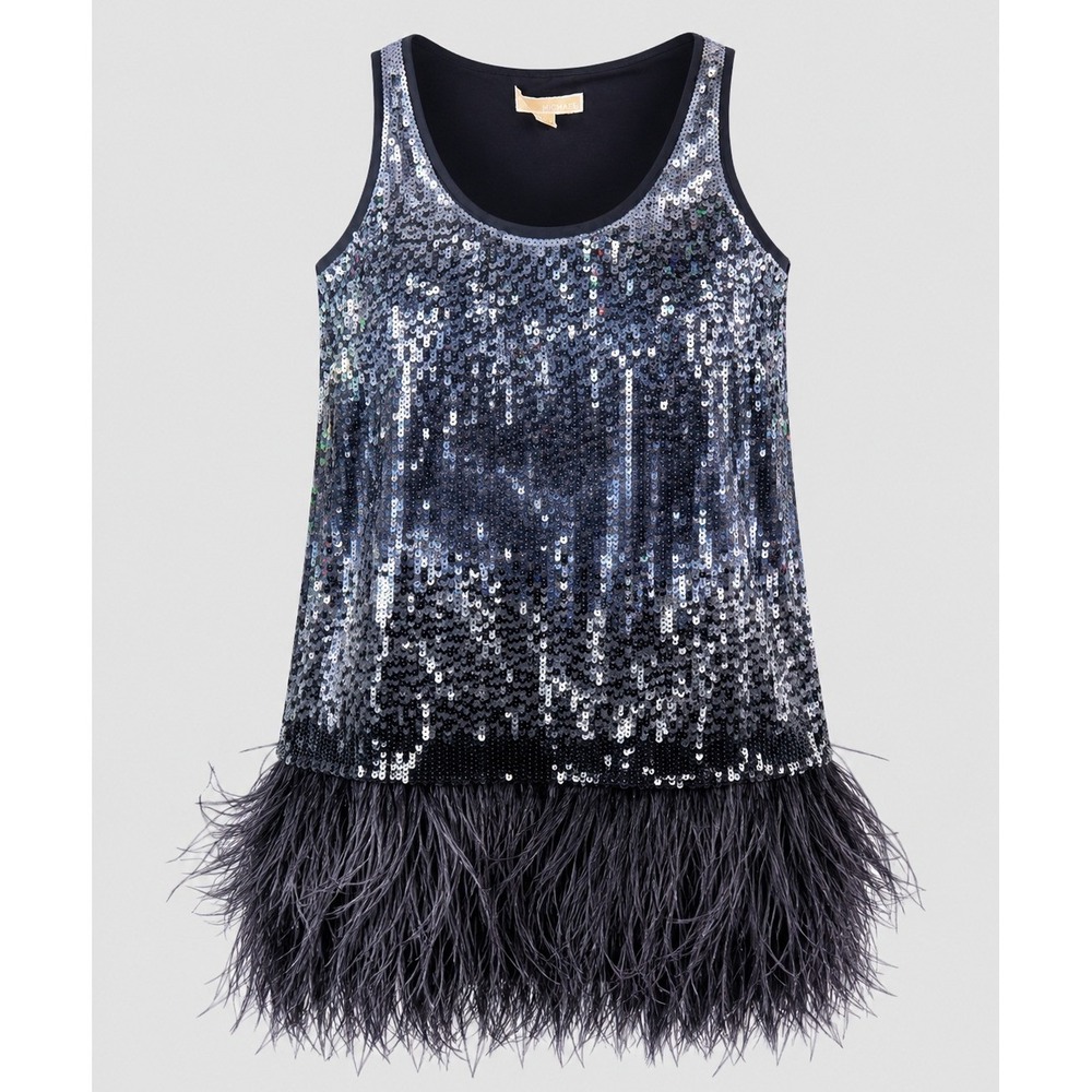 Michael‎ Michael Kors Sequin Feather Hem Cocktail Dress Black Silver M Glam
